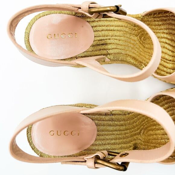 Gucci GG Pink Espadrille Gold Wedge Sandals New Size 38, 8 - Picture 10 of 14